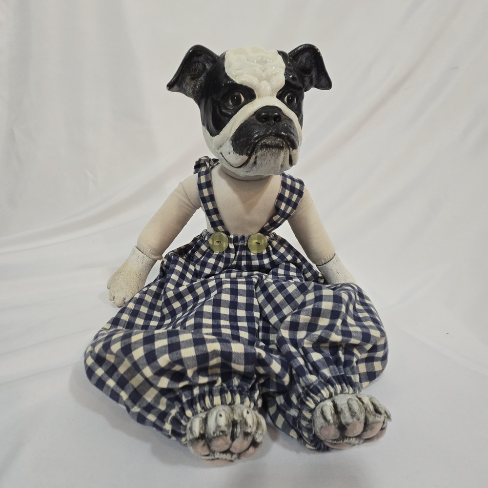 Vintage 1990s Duncan Mold Ceramic Bulldog Doll Blue Gingham Overalls